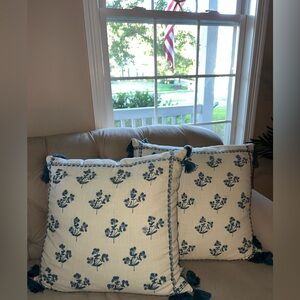 Set of two embroidered linen look floral pillow covers with tassels 20 x 20